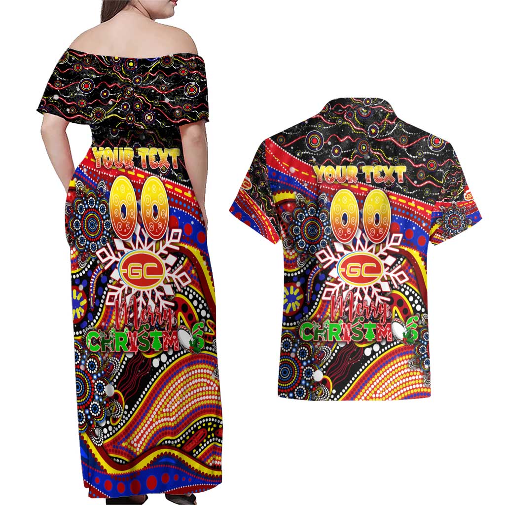 Merry Christmas AFL Gold Coast Suns Couples Matching Off Shoulder Maxi Dress and Hawaiian Shirt Aboriginal Santa Football Mascot