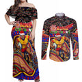 Merry Christmas AFL Gold Coast Suns Couples Matching Off Shoulder Maxi Dress and Long Sleeve Button Shirt Aboriginal Santa Football Mascot