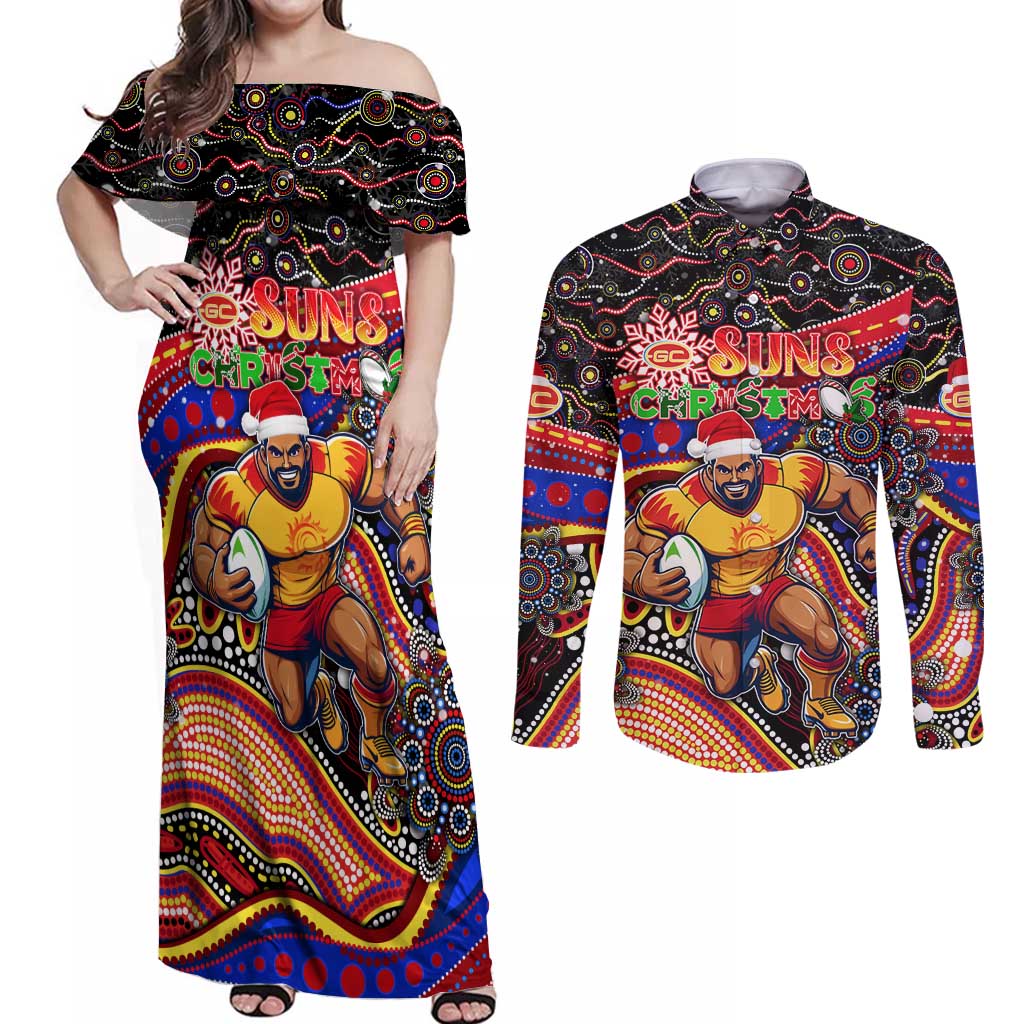 Merry Christmas AFL Gold Coast Suns Couples Matching Off Shoulder Maxi Dress and Long Sleeve Button Shirt Aboriginal Santa Football Mascot