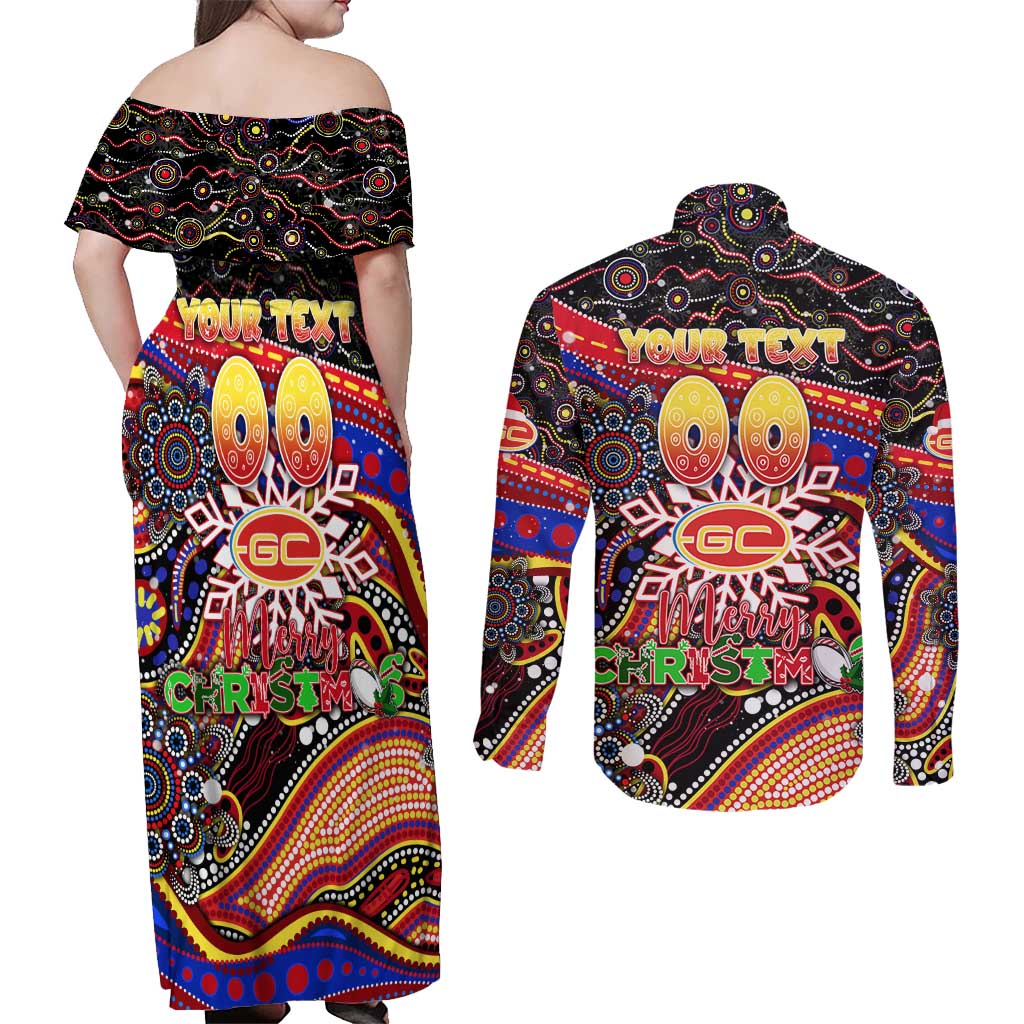 Merry Christmas AFL Gold Coast Suns Couples Matching Off Shoulder Maxi Dress and Long Sleeve Button Shirt Aboriginal Santa Football Mascot