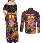 Merry Christmas AFL Gold Coast Suns Couples Matching Off Shoulder Maxi Dress and Long Sleeve Button Shirt Aboriginal Santa Football Mascot