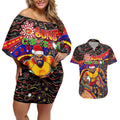 Merry Christmas AFL Gold Coast Suns Couples Matching Off Shoulder Short Dress and Hawaiian Shirt Aboriginal Santa Football Mascot