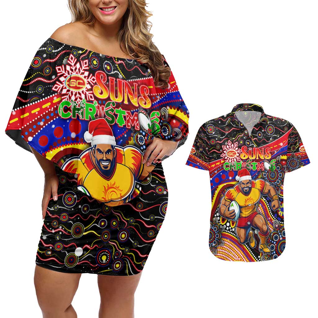 Merry Christmas AFL Gold Coast Suns Couples Matching Off Shoulder Short Dress and Hawaiian Shirt Aboriginal Santa Football Mascot