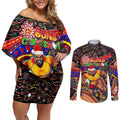 Merry Christmas AFL Gold Coast Suns Couples Matching Off Shoulder Short Dress and Long Sleeve Button Shirt Aboriginal Santa Football Mascot