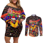 Merry Christmas AFL Gold Coast Suns Couples Matching Off Shoulder Short Dress and Long Sleeve Button Shirt Aboriginal Santa Football Mascot
