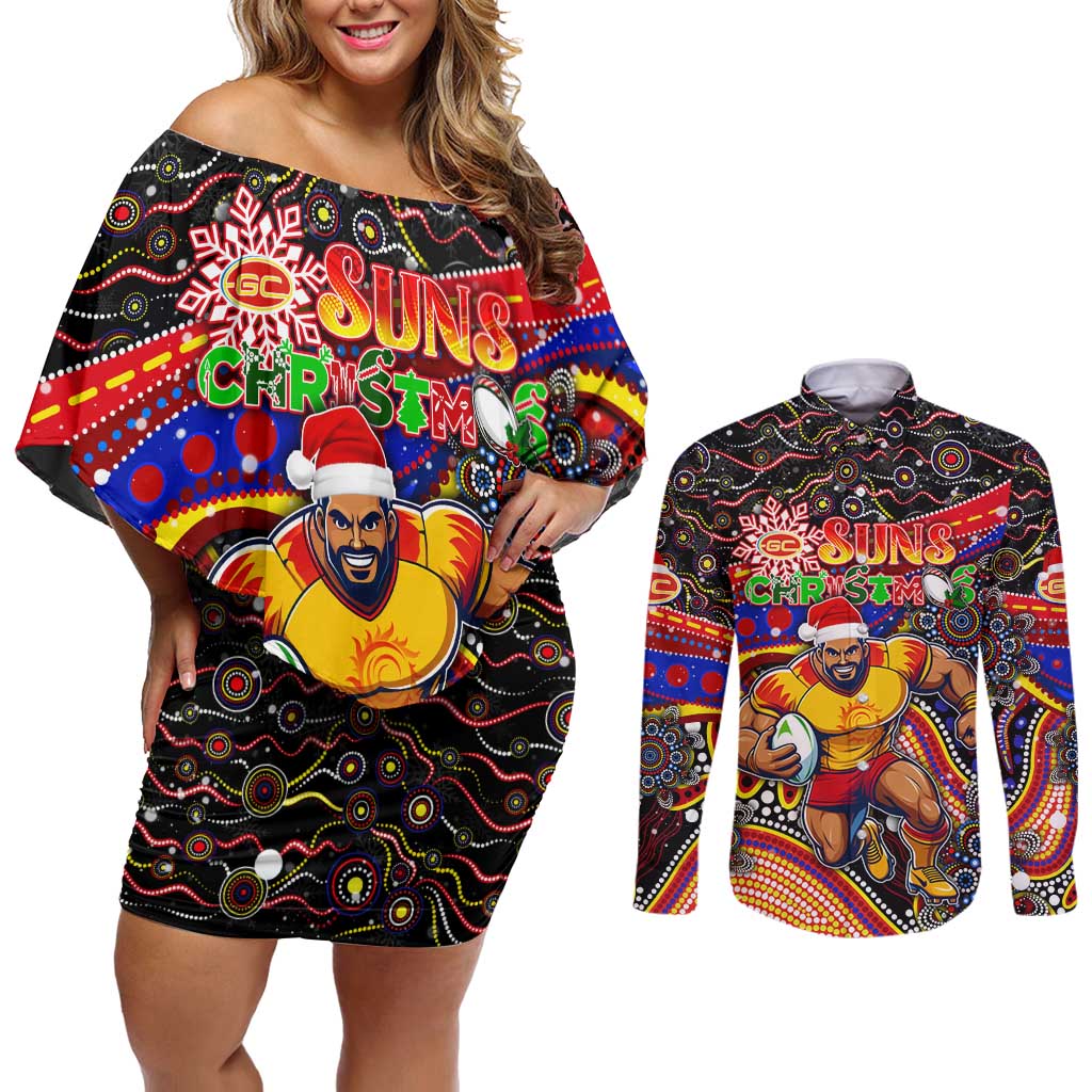 Merry Christmas AFL Gold Coast Suns Couples Matching Off Shoulder Short Dress and Long Sleeve Button Shirt Aboriginal Santa Football Mascot