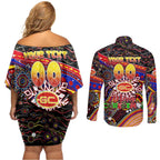 Merry Christmas AFL Gold Coast Suns Couples Matching Off Shoulder Short Dress and Long Sleeve Button Shirt Aboriginal Santa Football Mascot