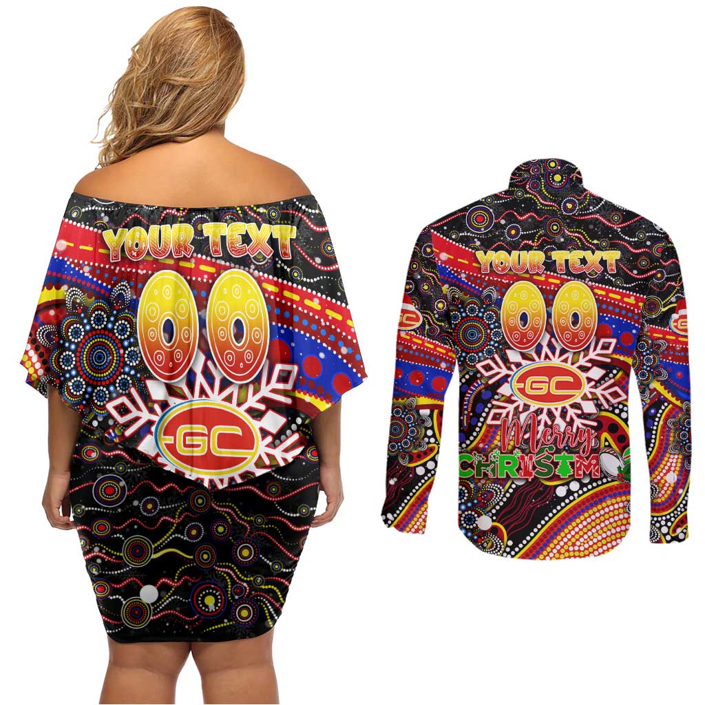 Merry Christmas AFL Gold Coast Suns Couples Matching Off Shoulder Short Dress and Long Sleeve Button Shirt Aboriginal Santa Football Mascot