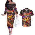 Merry Christmas AFL Gold Coast Suns Couples Matching Off The Shoulder Long Sleeve Dress and Hawaiian Shirt Aboriginal Santa Football Mascot