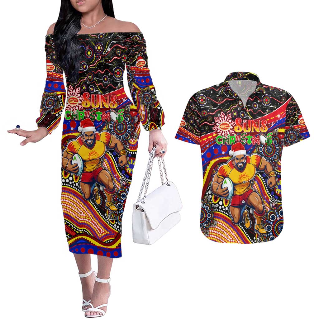 Merry Christmas AFL Gold Coast Suns Couples Matching Off The Shoulder Long Sleeve Dress and Hawaiian Shirt Aboriginal Santa Football Mascot