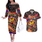 Merry Christmas AFL Gold Coast Suns Couples Matching Off The Shoulder Long Sleeve Dress and Hawaiian Shirt Aboriginal Santa Football Mascot