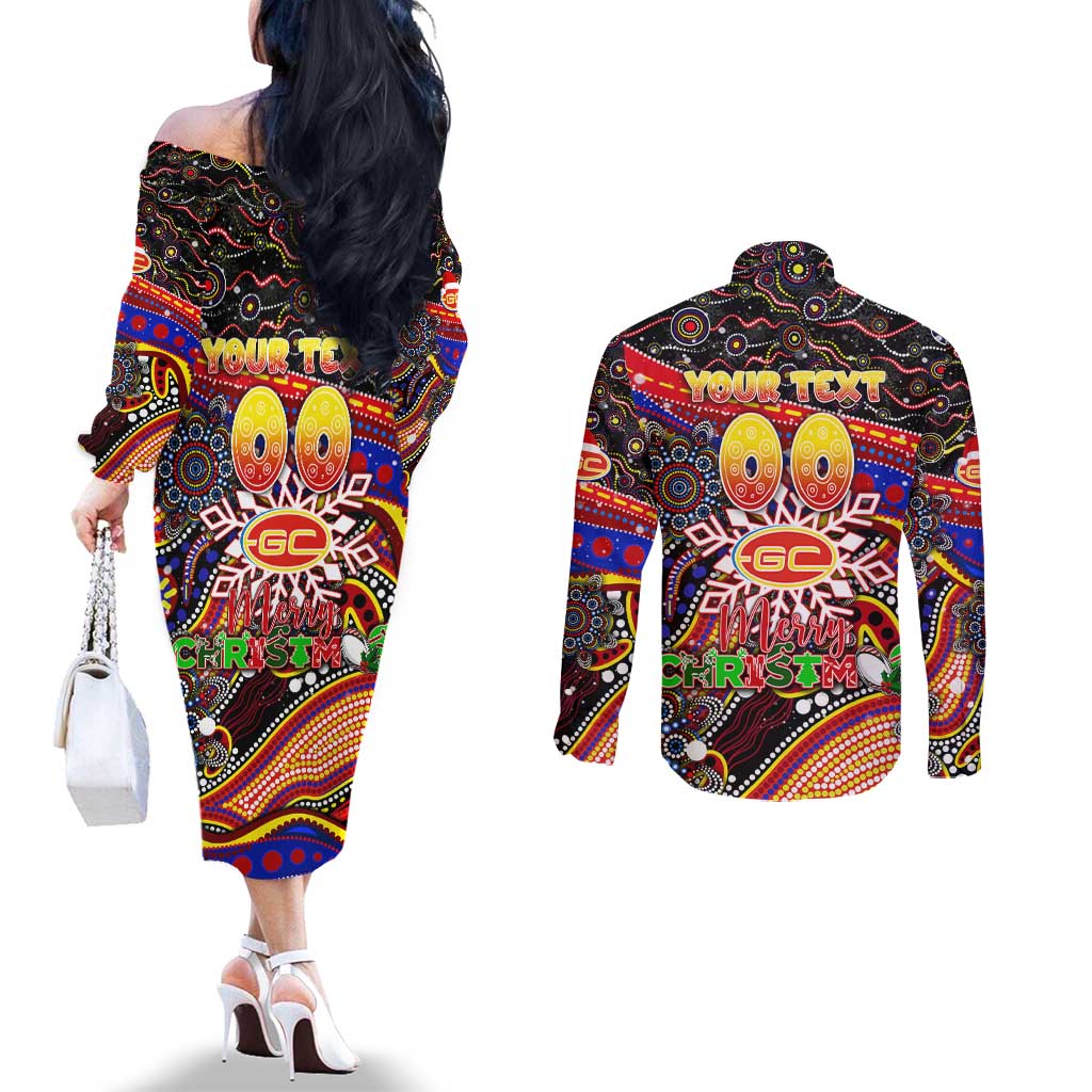 Merry Christmas AFL Gold Coast Suns Couples Matching Off The Shoulder Long Sleeve Dress and Long Sleeve Button Shirt Aboriginal Santa Football Mascot