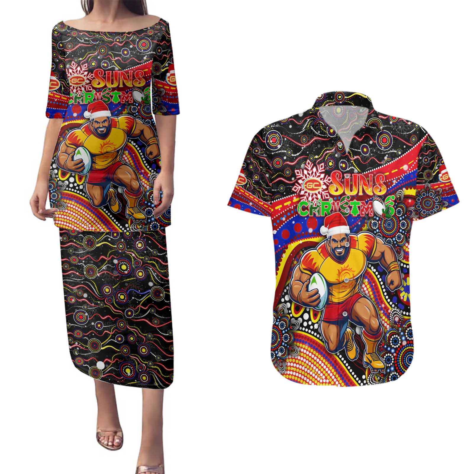 Merry Christmas AFL Gold Coast Suns Couples Matching Puletasi and Hawaiian Shirt Aboriginal Santa Football Mascot