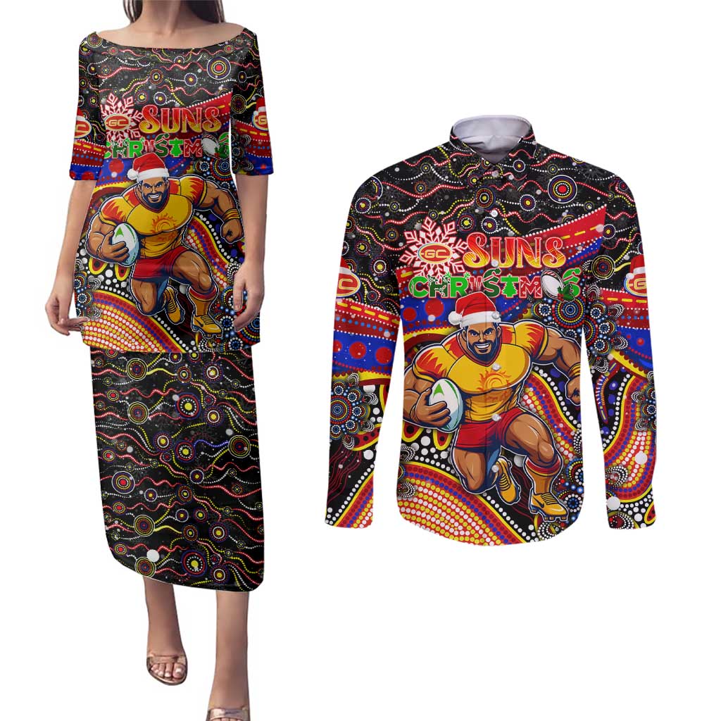 Merry Christmas AFL Gold Coast Suns Couples Matching Puletasi and Long Sleeve Button Shirt Aboriginal Santa Football Mascot
