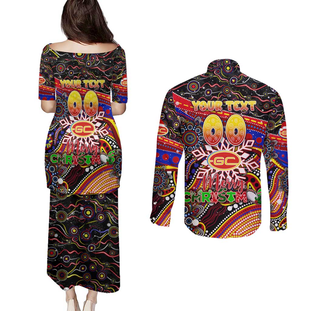 Merry Christmas AFL Gold Coast Suns Couples Matching Puletasi and Long Sleeve Button Shirt Aboriginal Santa Football Mascot