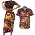 Merry Christmas AFL Gold Coast Suns Couples Matching Short Sleeve Bodycon Dress and Hawaiian Shirt Aboriginal Santa Football Mascot