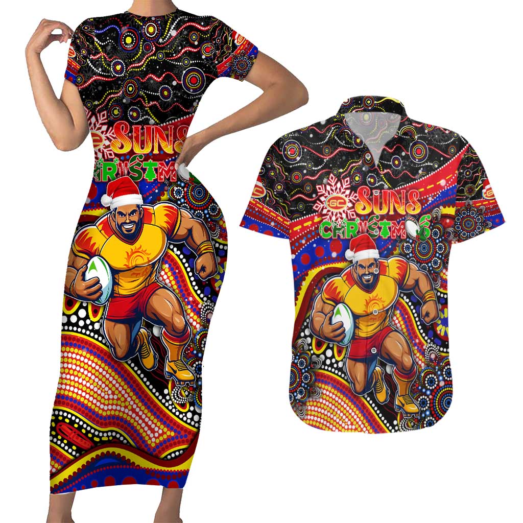 Merry Christmas AFL Gold Coast Suns Couples Matching Short Sleeve Bodycon Dress and Hawaiian Shirt Aboriginal Santa Football Mascot