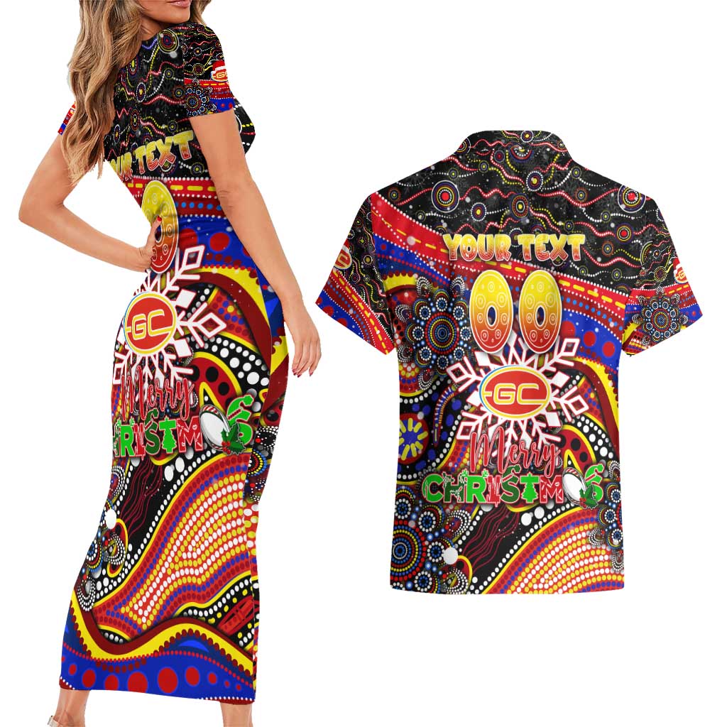 Merry Christmas AFL Gold Coast Suns Couples Matching Short Sleeve Bodycon Dress and Hawaiian Shirt Aboriginal Santa Football Mascot