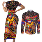 Merry Christmas AFL Gold Coast Suns Couples Matching Short Sleeve Bodycon Dress and Long Sleeve Button Shirt Aboriginal Santa Football Mascot
