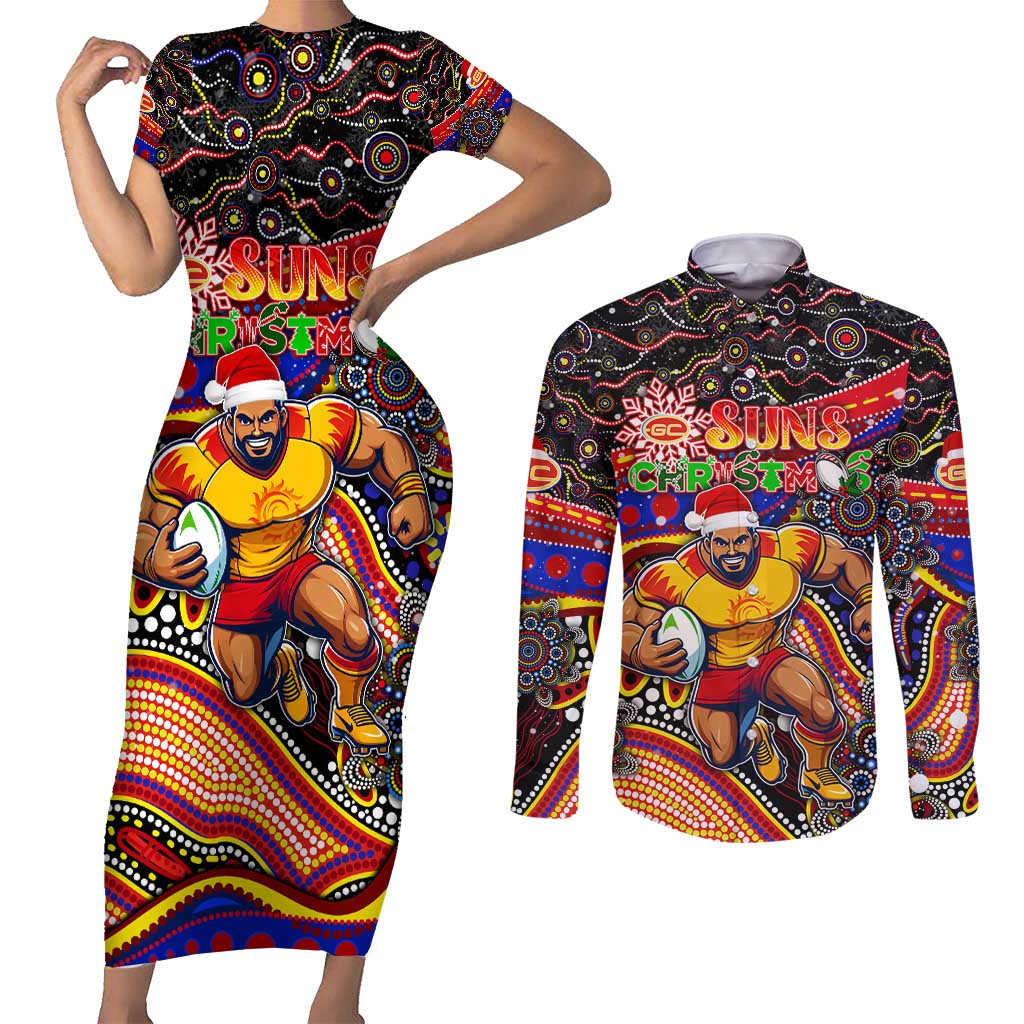 Merry Christmas AFL Gold Coast Suns Couples Matching Short Sleeve Bodycon Dress and Long Sleeve Button Shirt Aboriginal Santa Football Mascot