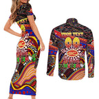 Merry Christmas AFL Gold Coast Suns Couples Matching Short Sleeve Bodycon Dress and Long Sleeve Button Shirt Aboriginal Santa Football Mascot