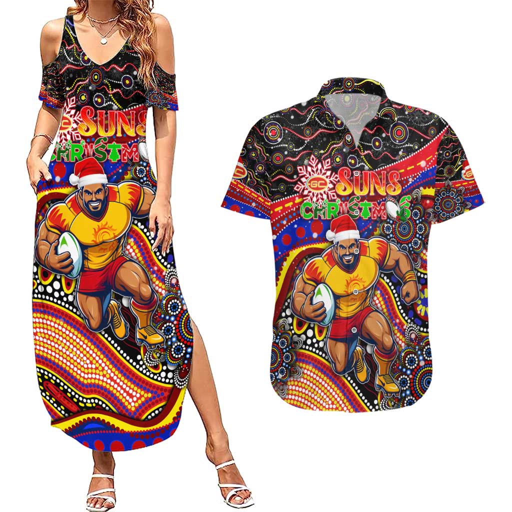 Merry Christmas AFL Gold Coast Suns Couples Matching Summer Maxi Dress and Hawaiian Shirt Aboriginal Santa Football Mascot