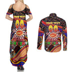 Merry Christmas AFL Gold Coast Suns Couples Matching Summer Maxi Dress and Long Sleeve Button Shirt Aboriginal Santa Football Mascot