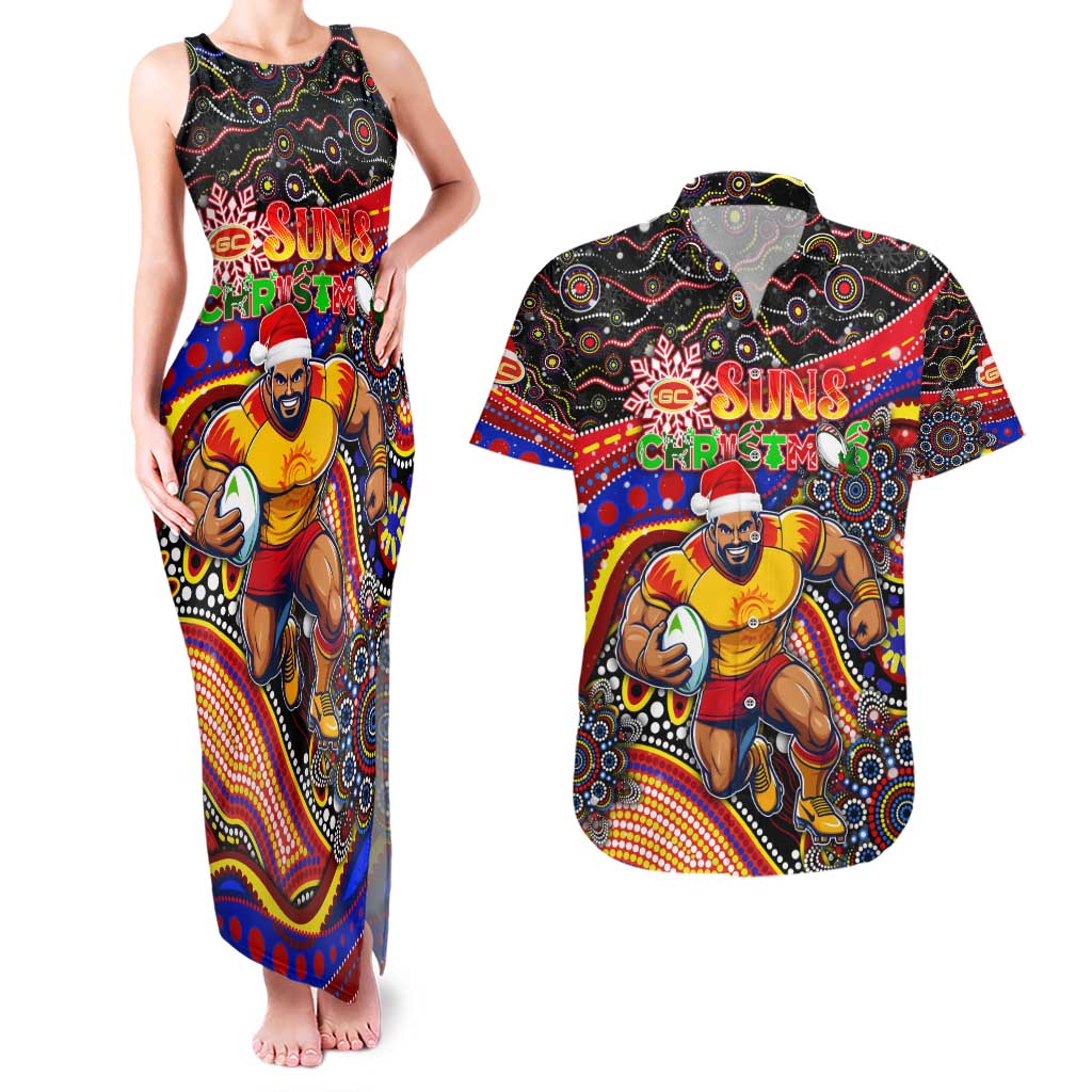 Merry Christmas AFL Gold Coast Suns Couples Matching Tank Maxi Dress and Hawaiian Shirt Aboriginal Santa Football Mascot