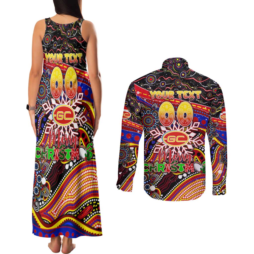 Merry Christmas AFL Gold Coast Suns Couples Matching Tank Maxi Dress and Long Sleeve Button Shirt Aboriginal Santa Football Mascot