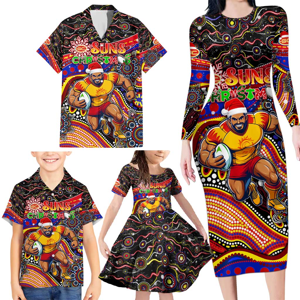 Merry Christmas AFL Gold Coast Suns Family Matching Long Sleeve Bodycon Dress and Hawaiian Shirt Aboriginal Santa Football Mascot