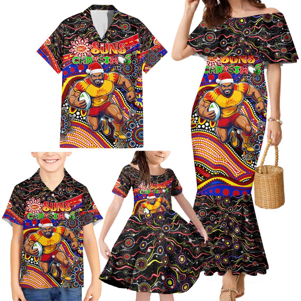 Merry Christmas AFL Gold Coast Suns Family Matching Mermaid Dress and Hawaiian Shirt Aboriginal Santa Football Mascot