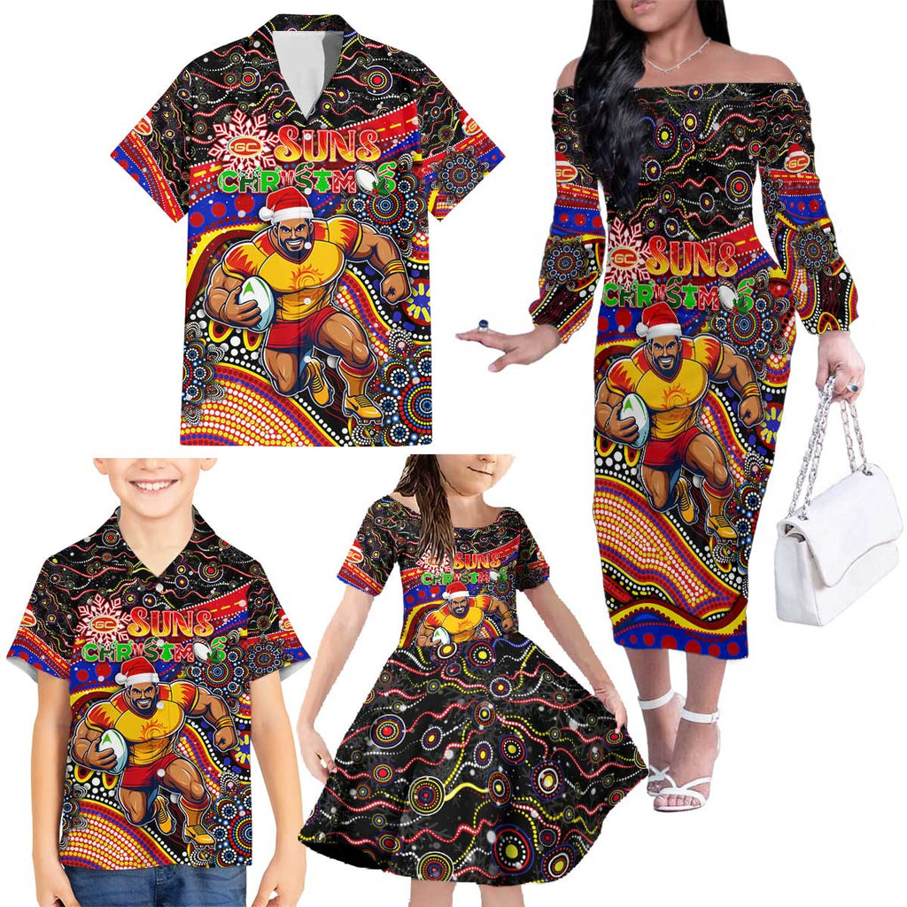 Merry Christmas AFL Gold Coast Suns Family Matching Off The Shoulder Long Sleeve Dress and Hawaiian Shirt Aboriginal Santa Football Mascot