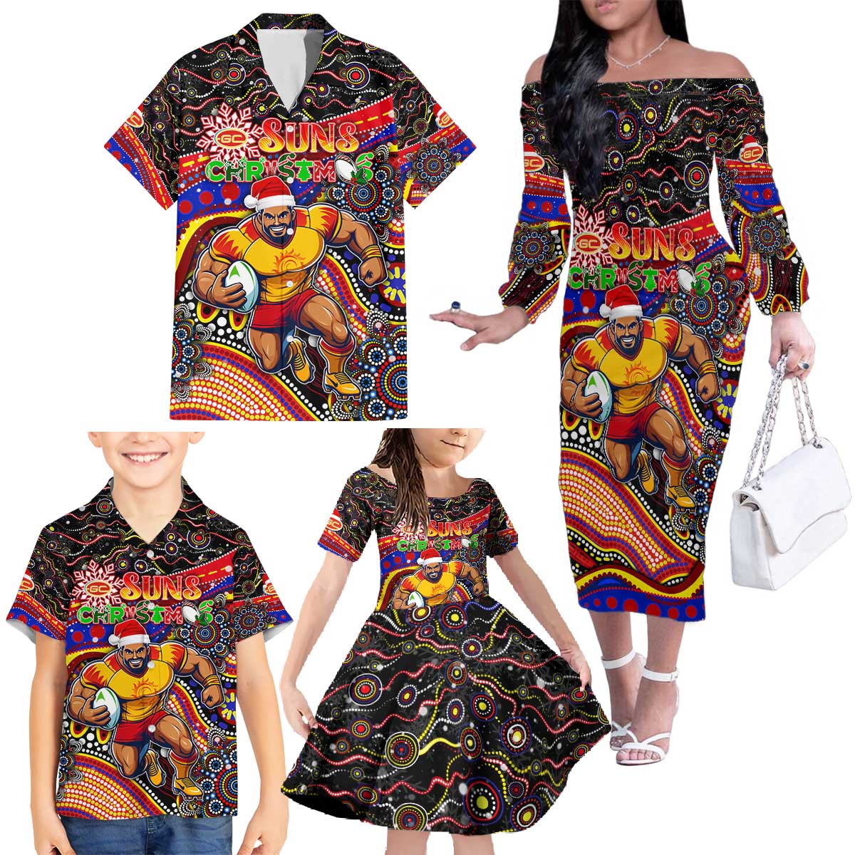 Merry Christmas AFL Gold Coast Suns Family Matching Off The Shoulder Long Sleeve Dress and Hawaiian Shirt Aboriginal Santa Football Mascot
