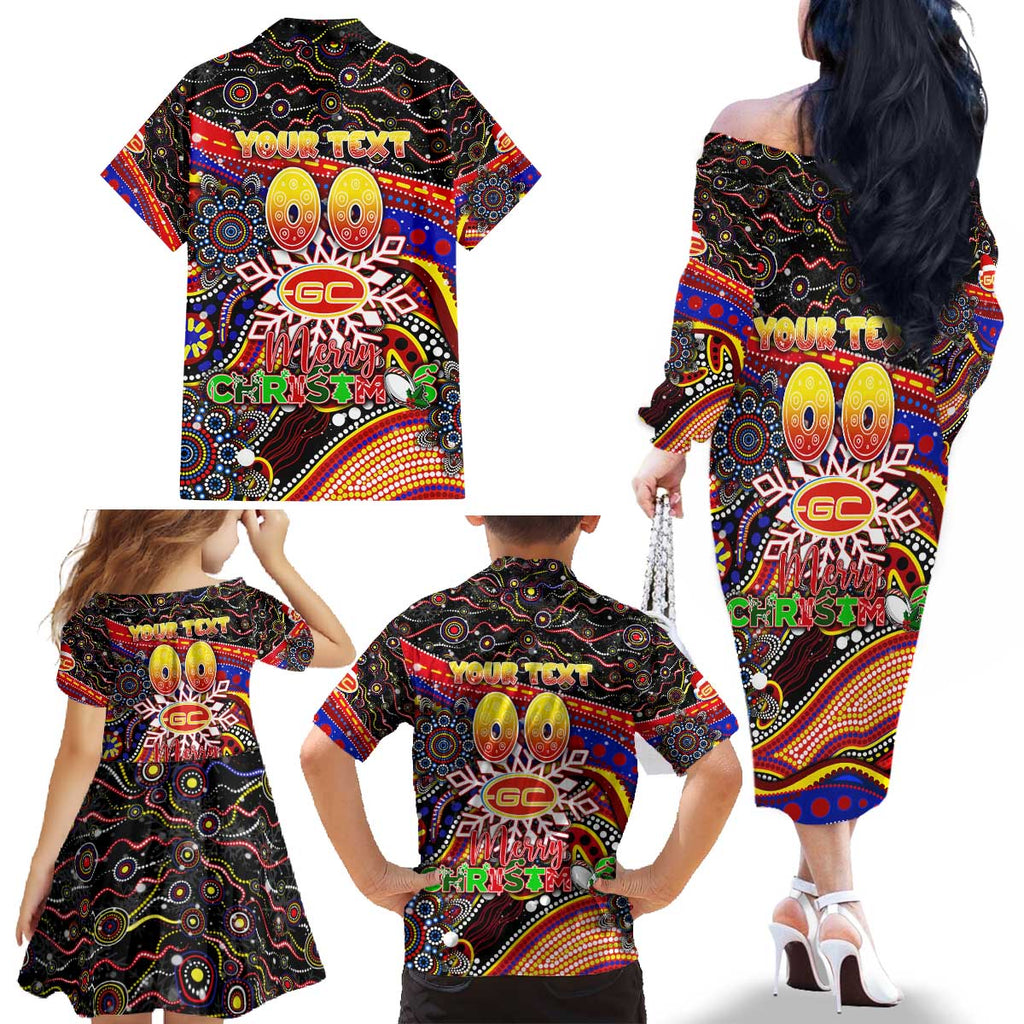 Merry Christmas AFL Gold Coast Suns Family Matching Off The Shoulder Long Sleeve Dress and Hawaiian Shirt Aboriginal Santa Football Mascot