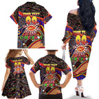 Merry Christmas AFL Gold Coast Suns Family Matching Off The Shoulder Long Sleeve Dress and Hawaiian Shirt Aboriginal Santa Football Mascot