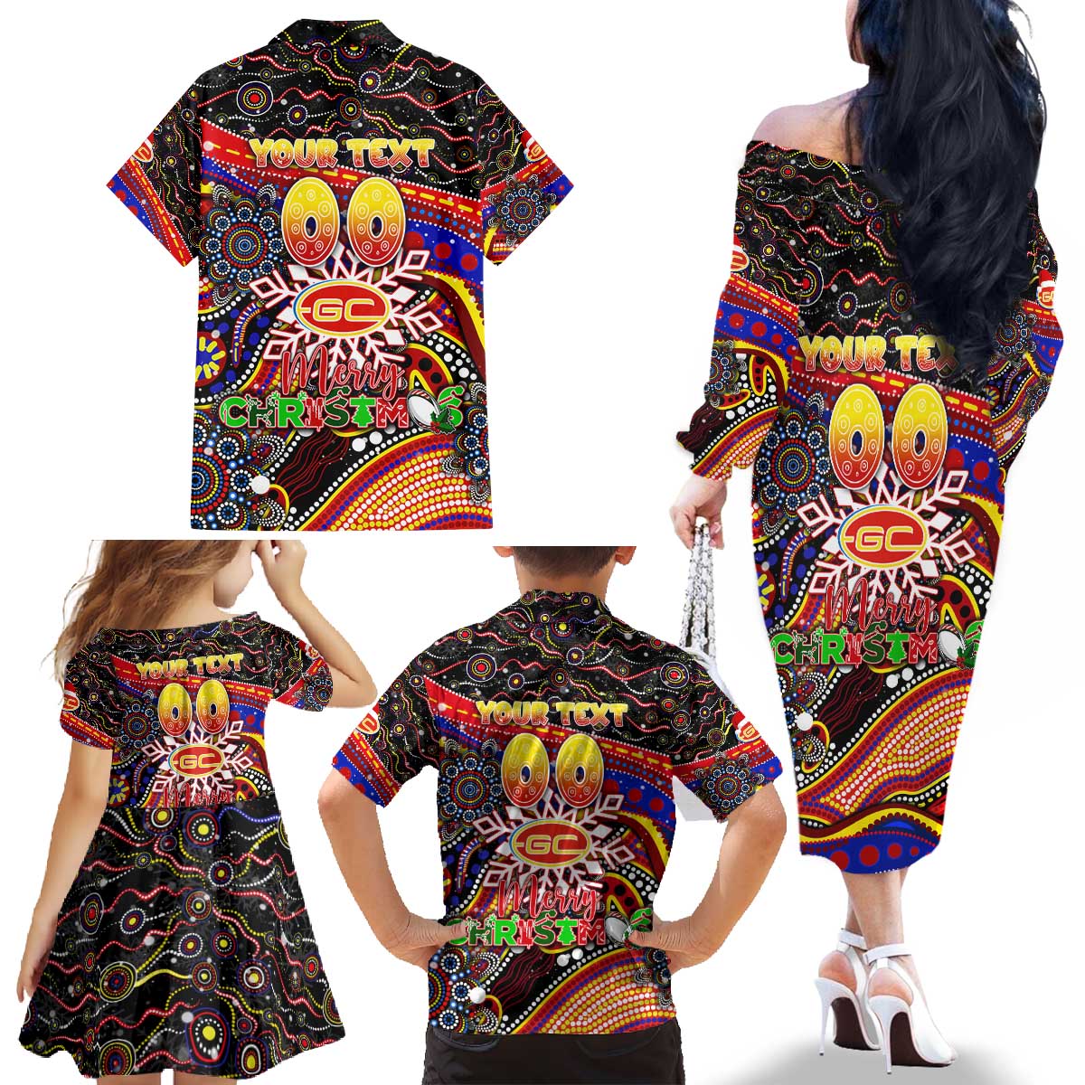 Merry Christmas AFL Gold Coast Suns Family Matching Off The Shoulder Long Sleeve Dress and Hawaiian Shirt Aboriginal Santa Football Mascot