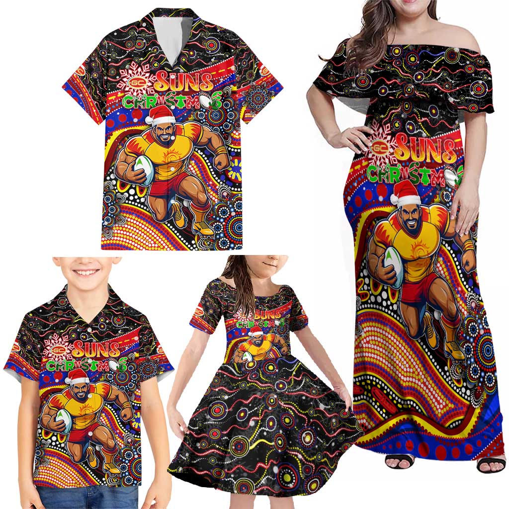 Merry Christmas AFL Gold Coast Suns Family Matching Off Shoulder Maxi Dress and Hawaiian Shirt Aboriginal Santa Football Mascot