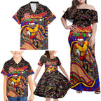 Merry Christmas AFL Gold Coast Suns Family Matching Off Shoulder Maxi Dress and Hawaiian Shirt Aboriginal Santa Football Mascot