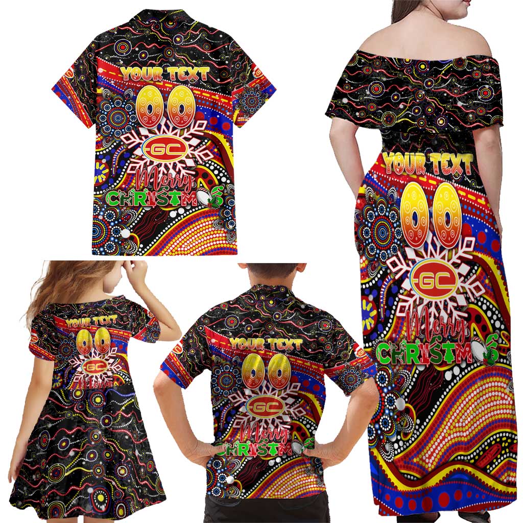 Merry Christmas AFL Gold Coast Suns Family Matching Off Shoulder Maxi Dress and Hawaiian Shirt Aboriginal Santa Football Mascot