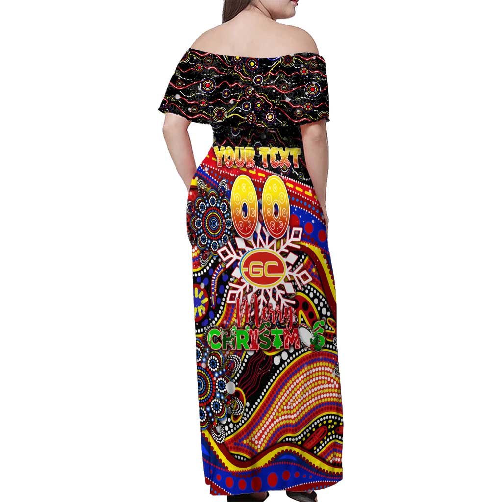 Merry Christmas AFL Gold Coast Suns Family Matching Off Shoulder Maxi Dress and Hawaiian Shirt Aboriginal Santa Football Mascot