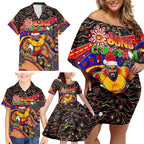 Merry Christmas AFL Gold Coast Suns Family Matching Off Shoulder Short Dress and Hawaiian Shirt Aboriginal Santa Football Mascot