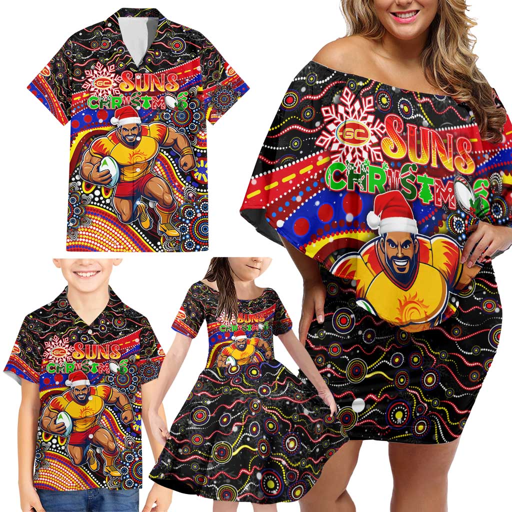 Merry Christmas AFL Gold Coast Suns Family Matching Off Shoulder Short Dress and Hawaiian Shirt Aboriginal Santa Football Mascot