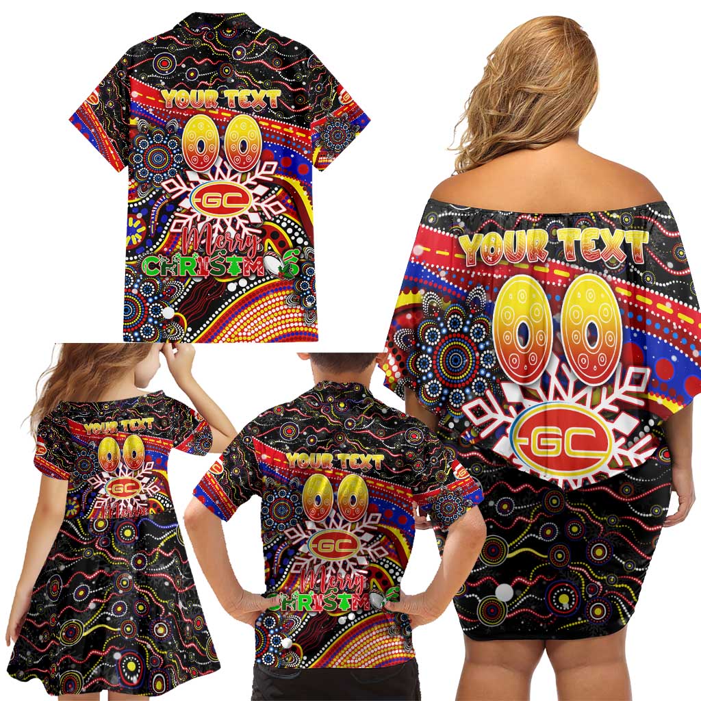 Merry Christmas AFL Gold Coast Suns Family Matching Off Shoulder Short Dress and Hawaiian Shirt Aboriginal Santa Football Mascot