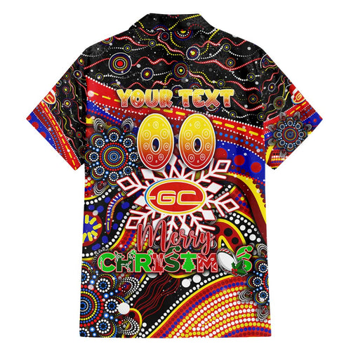 Merry Christmas AFL Gold Coast Suns Family Matching Off Shoulder Short Dress and Hawaiian Shirt Aboriginal Santa Football Mascot