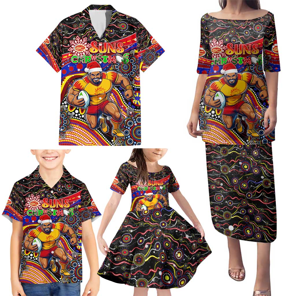 Merry Christmas AFL Gold Coast Suns Family Matching Puletasi and Hawaiian Shirt Aboriginal Santa Football Mascot