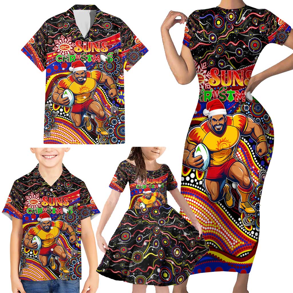 Merry Christmas AFL Gold Coast Suns Family Matching Short Sleeve Bodycon Dress and Hawaiian Shirt Aboriginal Santa Football Mascot