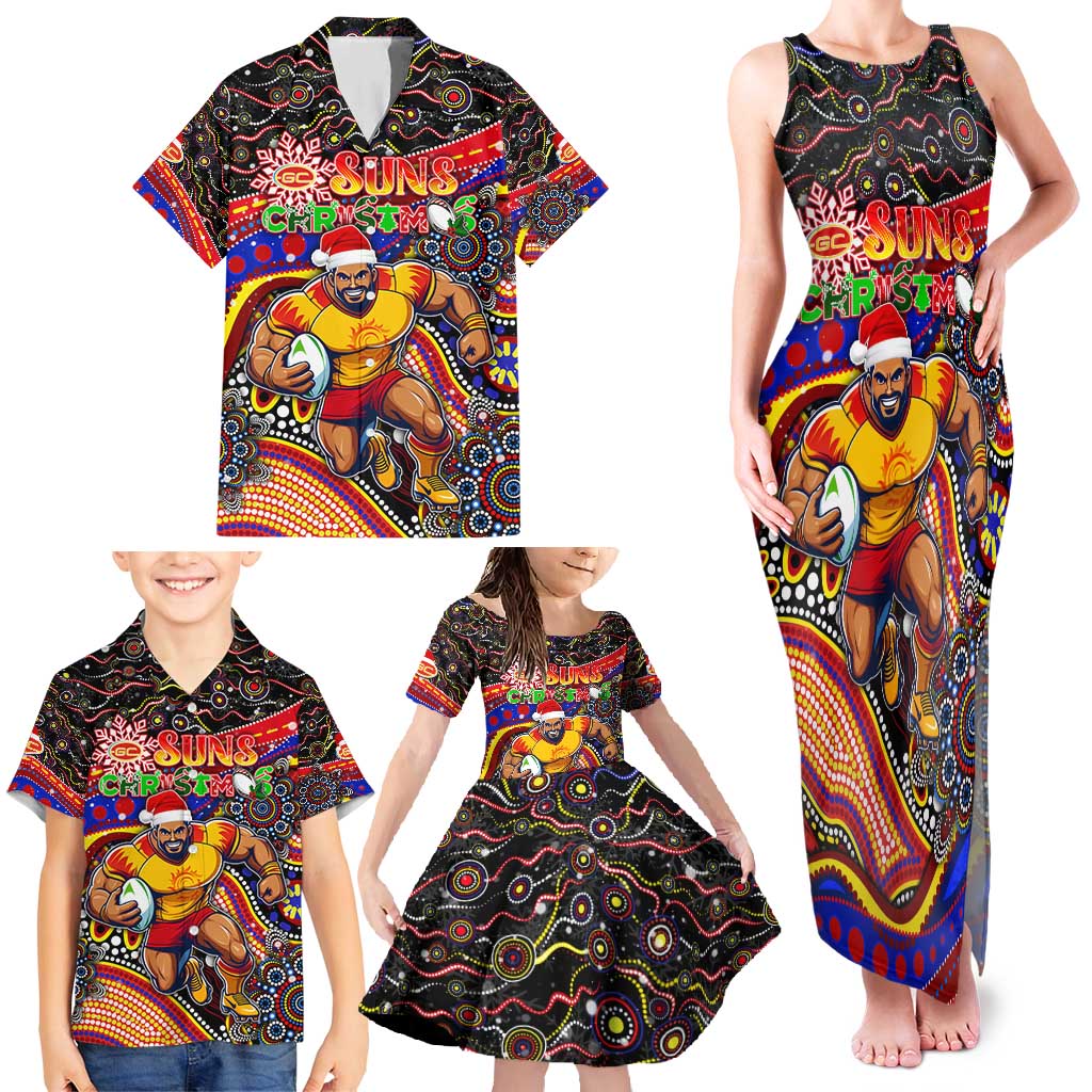 Merry Christmas AFL Gold Coast Suns Family Matching Tank Maxi Dress and Hawaiian Shirt Aboriginal Santa Football Mascot