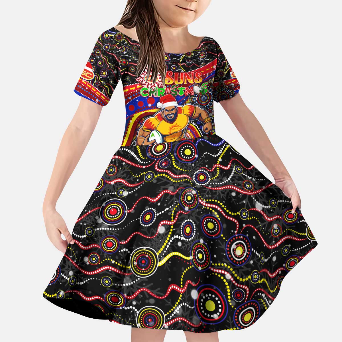 Merry Christmas AFL Gold Coast Suns Kid Short Sleeve Dress Aboriginal Santa Football Mascot