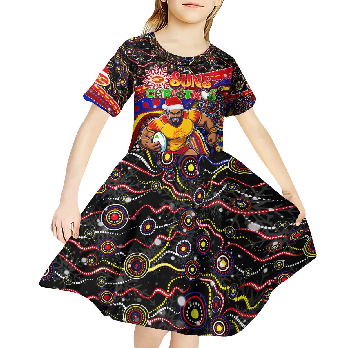 Merry Christmas AFL Gold Coast Suns Kid Short Sleeve Dress Aboriginal Santa Football Mascot