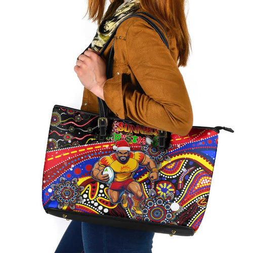 Merry Christmas AFL Gold Coast Suns Leather Tote Bag Aboriginal Santa Football Mascot